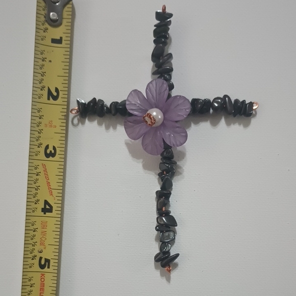 Accessories - Purple Flower Cross with Black Hematite Chips